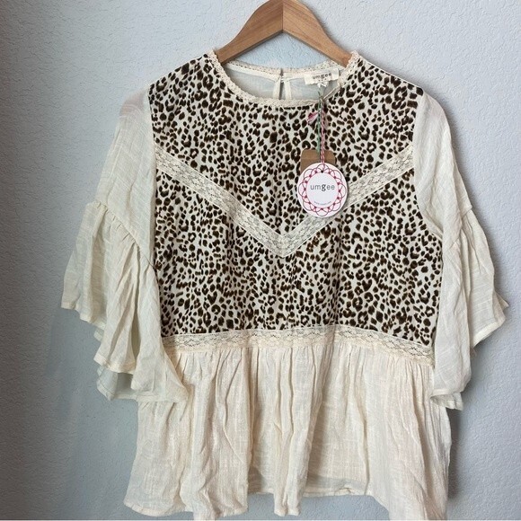 NWT Umgee Cream Animal Print Boho 100% Cotton Blouse - Size M - Picture 3 of 6